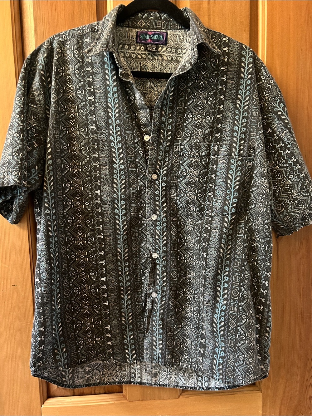 90’s Shah Safari  Short-Sleeve Button-Down Shirt - Black with Light Blue Stripe
